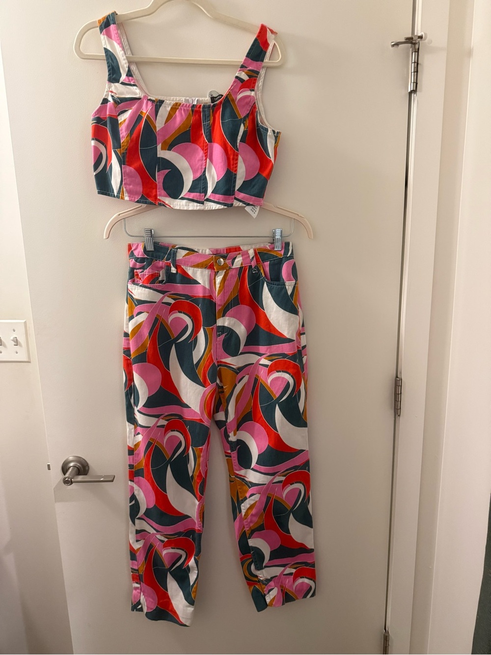 Colorful Abstract Print High-Waist Pants - Pink Multi